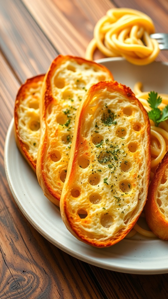 Garlic Bread Meal Ideas Toasted garlic bread slices with spaghetti aglio e olio on a rustic wooden table.